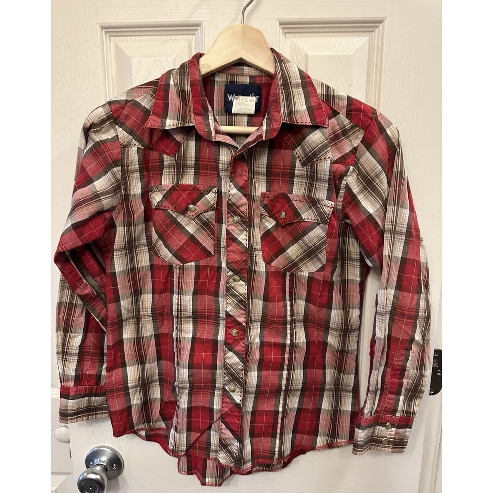 Wrangler Boys L Shirt Pearl Snap Red Brown Plaid Western Cowboy‎ Stitched Pocket